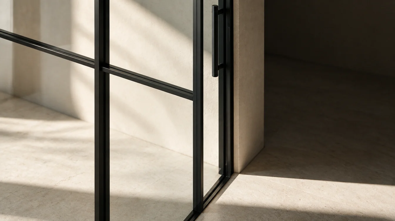 A black-framed V50 glass wall and door with a ladder pull, in afternoon light